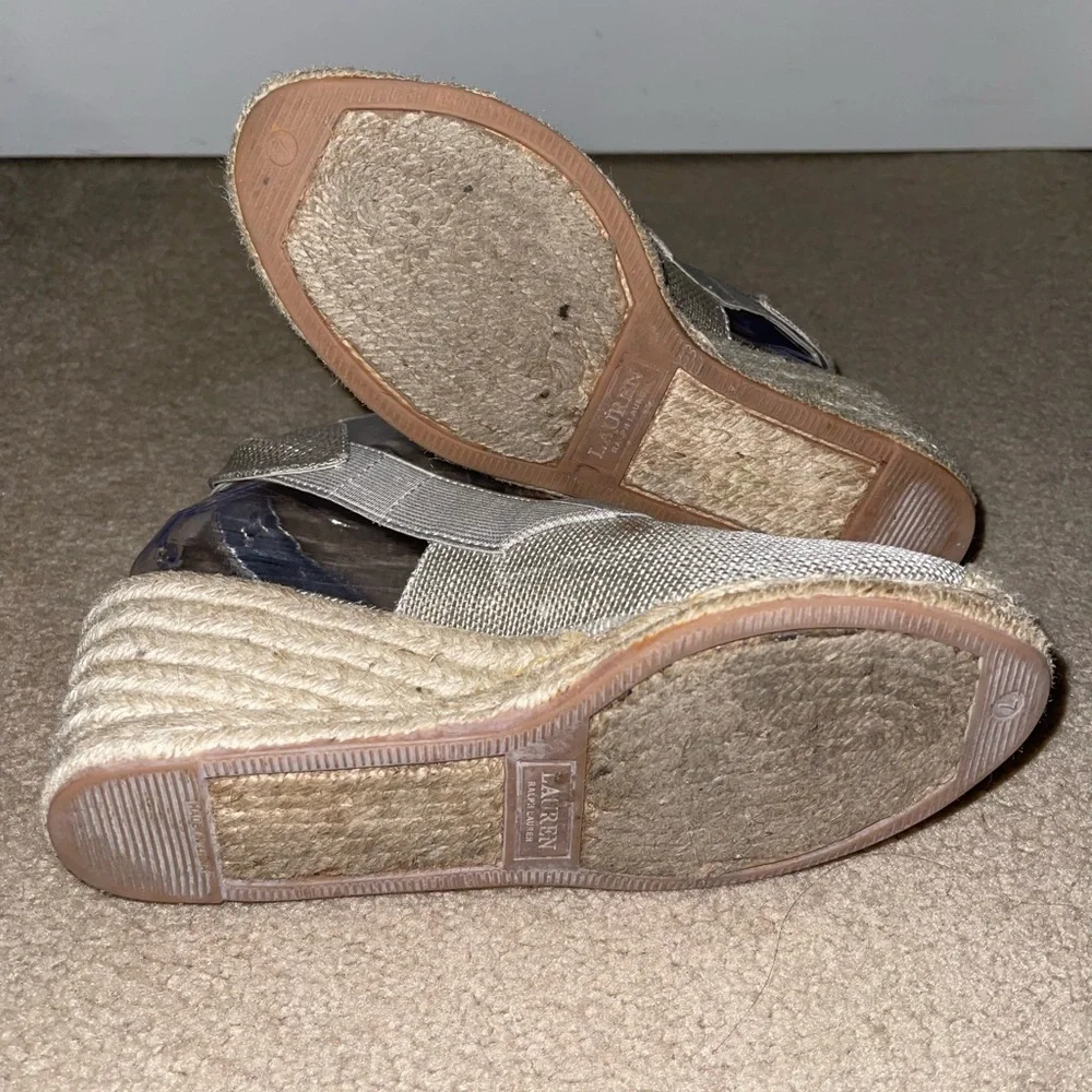 Lauren Ralph Lauren Silver Espadrille Wedges Size 7B Slingback Canvas